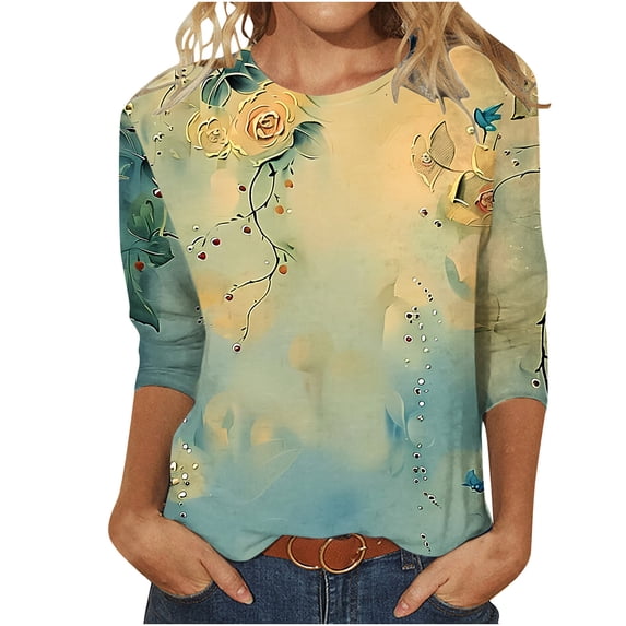 LYXSSBYX 3/4 Length Sleeve Womens Tops Women's Fashion Casual Crewneck 3/4 Sleeve T-Shirts Floral Print Basic Tops Tees Blouses