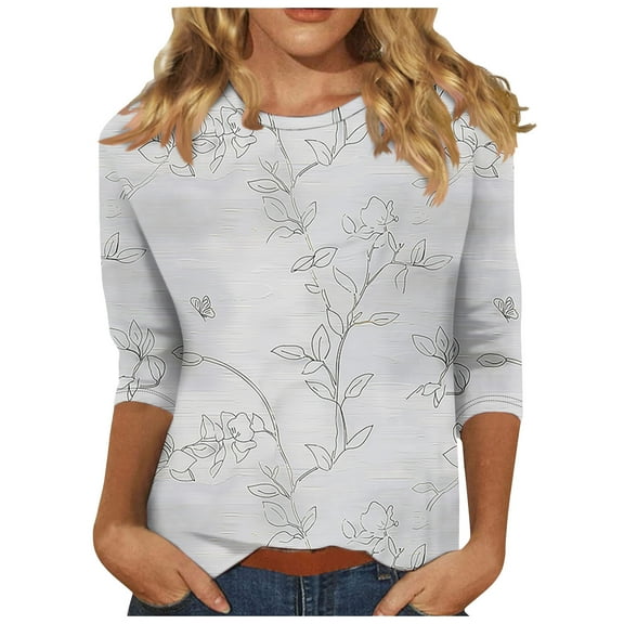 LYXSSBYX 3/4 Length Sleeve Womens Tops Women's Fashion Printed Round Neck 3/4 Sleeve T-shirt Loose Tops Long Sleeve Round Neck Tops/Shirt