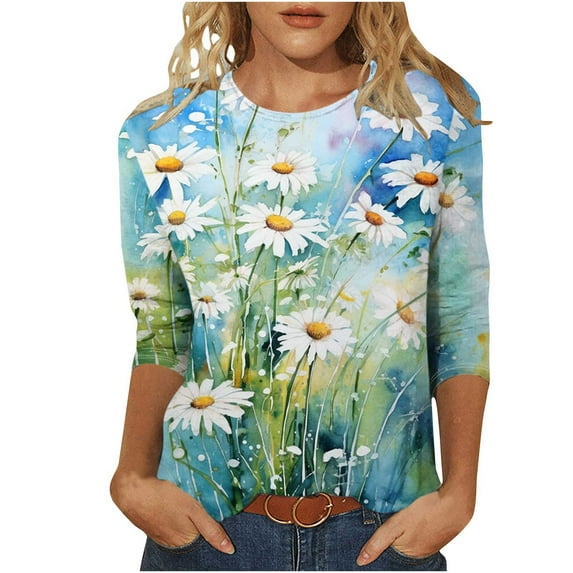 LYXSSBYX 3/4 Length Sleeve Womens Tops Women's Fashion Printed Round Neck 3/4 Sleeve T-shirt Top
