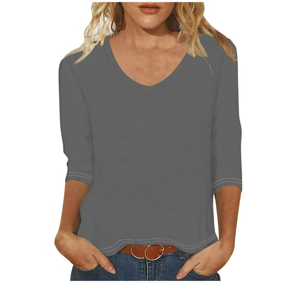 LYXSSBYX 3/4 Length Sleeve Womens Tops Women's Fashion Solid Tees Casual Crewneck 3/4 Sleeve Loose T-Shirt Ladies Tops Blouses Shirts