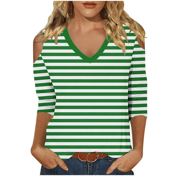 LYXSSBYX 3/4 Length Sleeve Womens Tops Women's Fashionable Solid Color T-shirt 3/4 Sleeve Shirt V-neck Casual Top