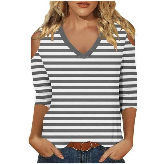 LYXSSBYX 3/4 Length Sleeve Womens Tops Women's Fashionable Solid Color T-shirt 3/4 Sleeve Shirt V-neck Casual Top