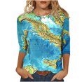 thumbnail image 1 of LYXSSBYX 3/4 Length Sleeve Womens Tops Women's Retro Map Print Fashion Printed Round Neck 3/4 Sleeve T-shirt Top, 1 of 5