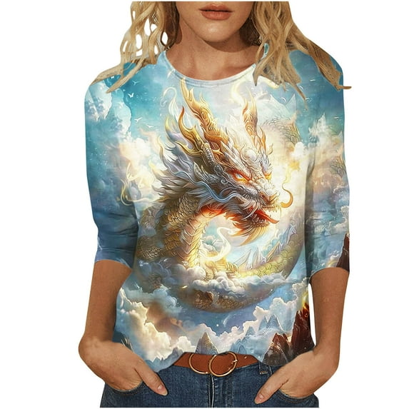 LYXSSBYX 3/4 Sleeve Shirts for Women Women's Fashion Dragon Print T-Shirt 3/4 Sleeves Blouse Round Neck Casual Tops