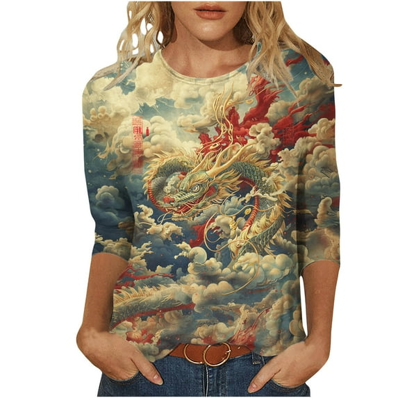 LYXSSBYX 3/4 Sleeve Shirts for Women Women's Fashion Dragon Print T-Shirt 3/4 Sleeves Blouse Round Neck Casual Tops