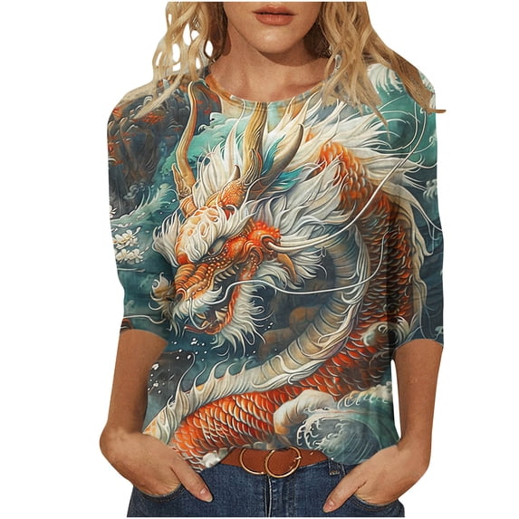 LYXSSBYX 3/4 Sleeve Shirts for Women Women's Fashion Dragon Print T-Shirt 3/4 Sleeves Blouse Round Neck Casual Tops