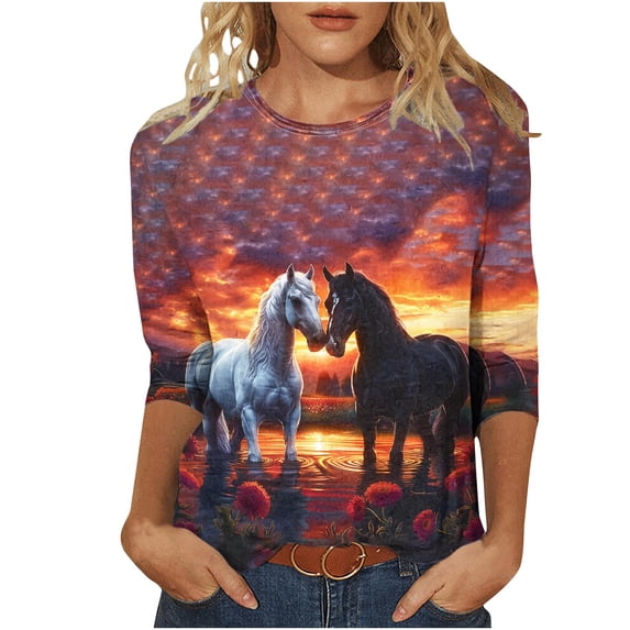 LYXSSBYX 3/4 Sleeve Shirts for Women Women's Fashion Printing Loose T-Shirt Mid-length 3/4 Sleeves Blouse Round Neck Casual Tops