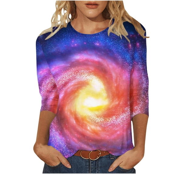 LYXSSBYX 3/4 Sleeve Shirts for Women Women's Sky Printed Round Neck 3/4 Sleeve T-Shirt Top