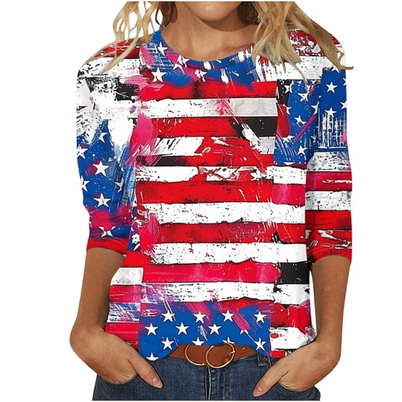 LYXSSBYX 4th of July Outfits for Women Women's Fashion Printed T-Shirt 3/4 Sleeves Blouse Round Neck Casual Tops