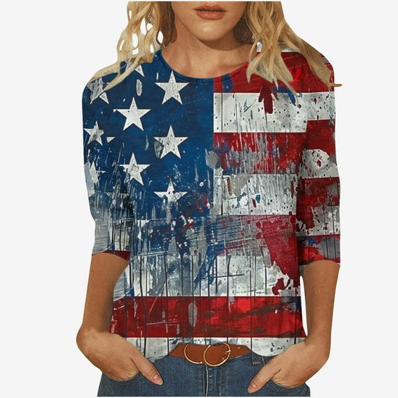 LYXSSBYX 4th of July Outfits for Women Women's Independence Day Printed Round Neck Three-quarter Sleeve 3/4 Sleeve T-Shirt Top