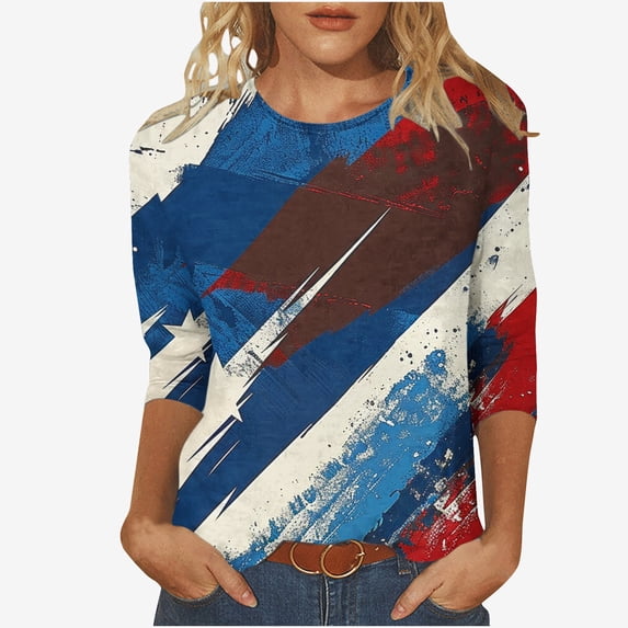 LYXSSBYX 4th of July Outfits for Women Women's Independence Day Printed Round Neck Three-quarter Sleeve 3/4 Sleeve T-Shirt Top