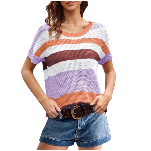 LYXSSBYX Blouses for Women Short Sleeve Women's Casual Solid Color Knitted Short-Sleeved Crew-Neck Top
