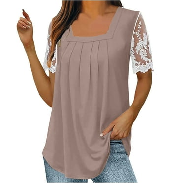 LYXSSBYX Blouses for Women Short Sleeve Women's Fall and Summer Sexy Short Sleeved Neck Solid Color Lace Patchwork T-Shirt Top