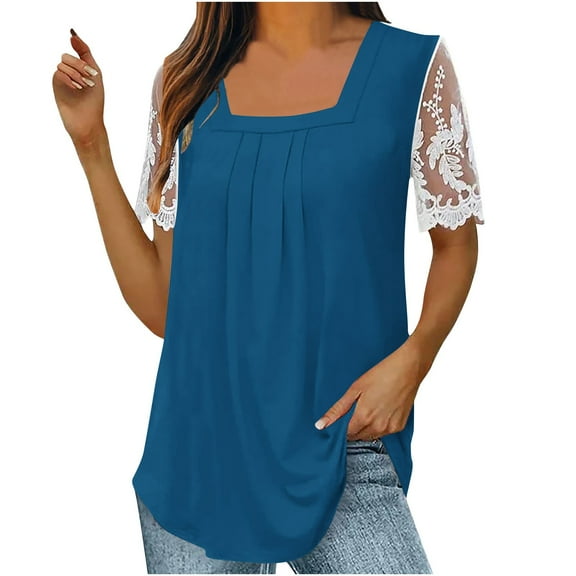 LYXSSBYX Blouses for Women Short Sleeve Women's Fall and Summer Sexy Short Sleeved Neck Solid Color Lace Patchwork T-Shirt Top