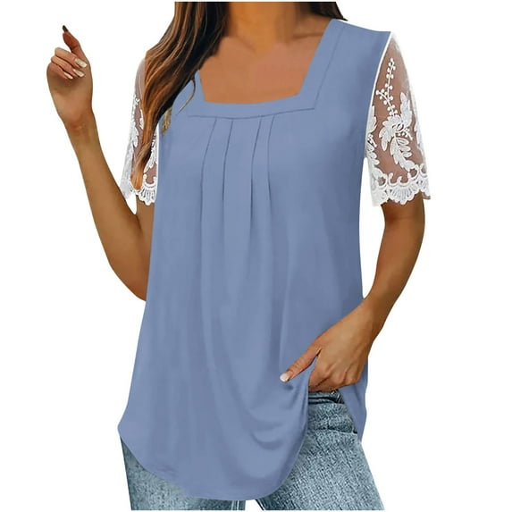 LYXSSBYX Blouses for Women Short Sleeve Women's Fall and Summer Sexy Short Sleeved Neck Solid Color Lace Patchwork T-Shirt Top