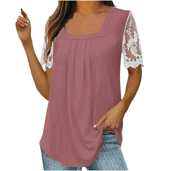 LYXSSBYX Blouses for Women Short Sleeve Women's Fall and Summer Sexy Short Sleeved Neck Solid Color Lace Patchwork T-Shirt Top