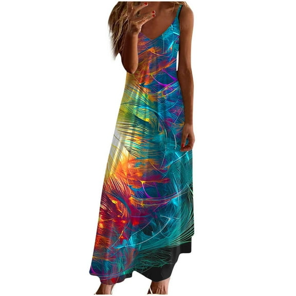 LYXSSBYX Boho Dresses for Women 2024 Summer Dresses for Women Print Sleeveless Round Neck Dress Casual Dresses