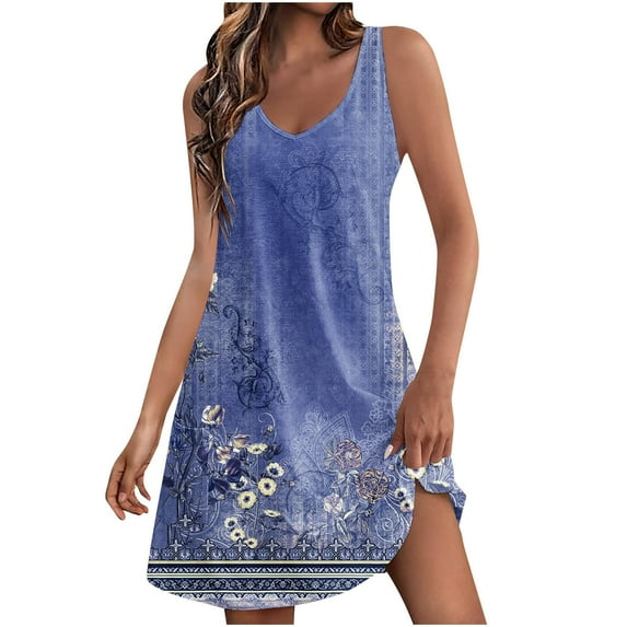 LYXSSBYX Boho Dresses for Women 2024 Women's Casual Sundress With Pockets Summer Boho Beach Dress Floral T-Shirts Dress V Neck Loose Tank Dresses