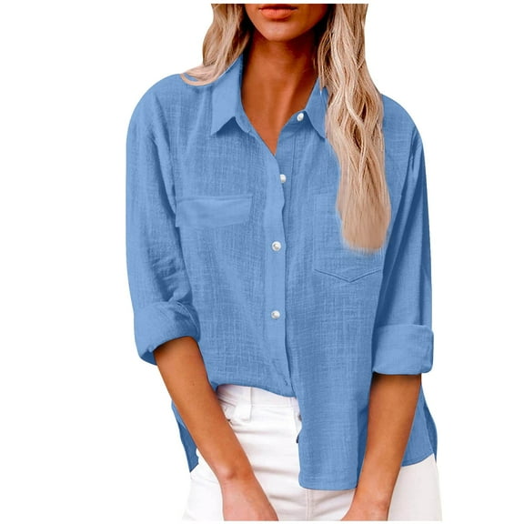 LYXSSBYX Button Down Shirts for Women Women's Tops Fashion Solid Color Real and Fake Pocket Button Shirt Women's Lapel Long Sleeve Lapel Tops/Shirts