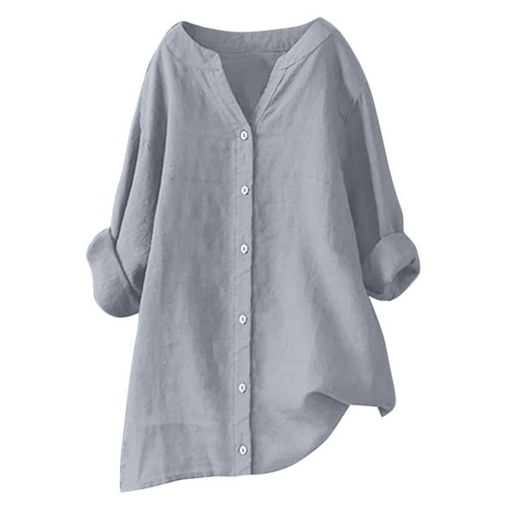 LYXSSBYX Button Down Shirts for Women Women's V-Neck Long Sleeve Loose Button Cotton and Linen Tunic Summer Blouse