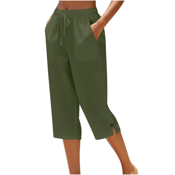 LYXSSBYX Capris for Women with Pockets Linen Loose Button Pants Casual Elastic Waist Straight Tube Pants