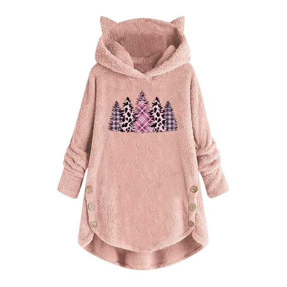 LYXSSBYX Cardigan Sweaters for Women Women's Christmas Plush Hooded Long Sleeve Pullover Print Top