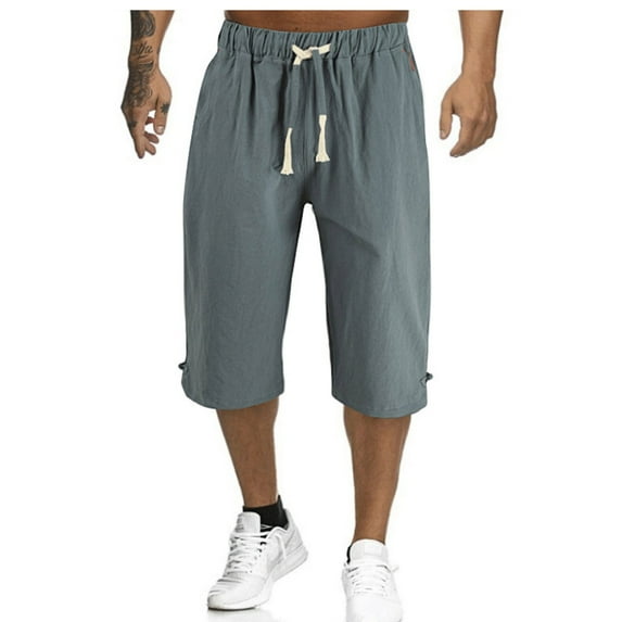 LYXSSBYX Cargo Pants for Men Clearance Men Casual Fashion Drawstring Solid Color Cotton And Linen Seven Points Pants