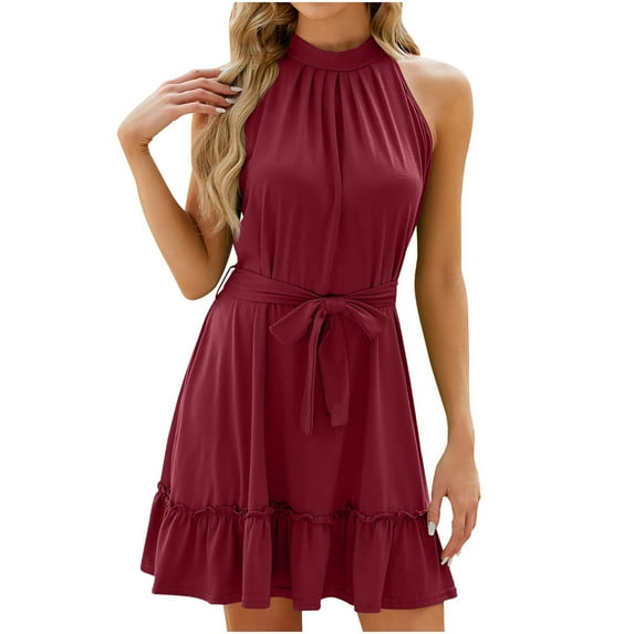 LYXSSBYX Casual Dresses for Women Women's Neck Tie Pleated Sleeveless Solid Color Dress