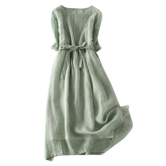 LYXSSBYX Casual Dresses for Women Women's Retro Loose Cotton and Linen Lace Up Three Quarter Sleeve Slimming Solid Color Small Fresh Dress
