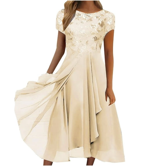 LYXSSBYX Casual Dresses for Women under $15 Women Sexy Solid Short Sleeve Round Neck Lace Chiffon Mesh Waist Party Dresses