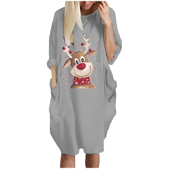 LYXSSBYX Christmas Dresses Women Plus Size Clearance The Fashion Women's Winter Plus Size Loose O-Neck Pocket Christmas Printed Dress