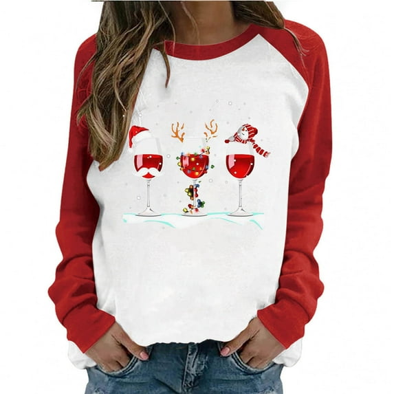 LYXSSBYX Christmas Tops for Women Long Sleeve Plus Size Women's Spring Patchwork Christmas Printed Long Sleeves Round Neck Casual Tee Tops