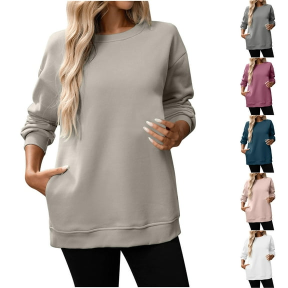 LYXSSBYX Crewneck Sweatshirts for Women Solid Color Long Sleeve Pullover Sweatshirt Blouse