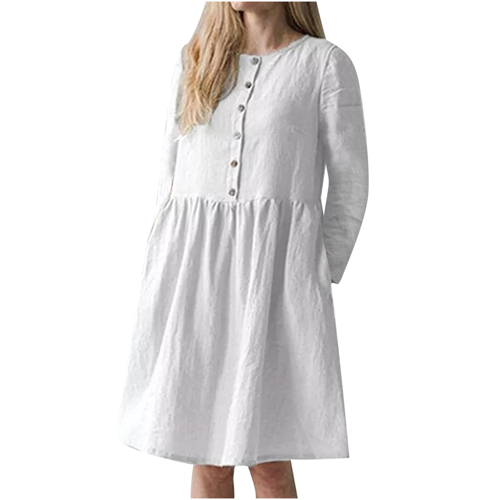 Womens Long Sleeve Cotton And Linen Dress