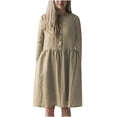 thumbnail image 1 of LYXSSBYX Fall Dresses for Women Long Sleeve Hot Sale Clearance Fashion Casual Round Neck Button Long Sleeve Cotton Linen Knee-High Dress Pocket Solid Dresses, 1 of 1