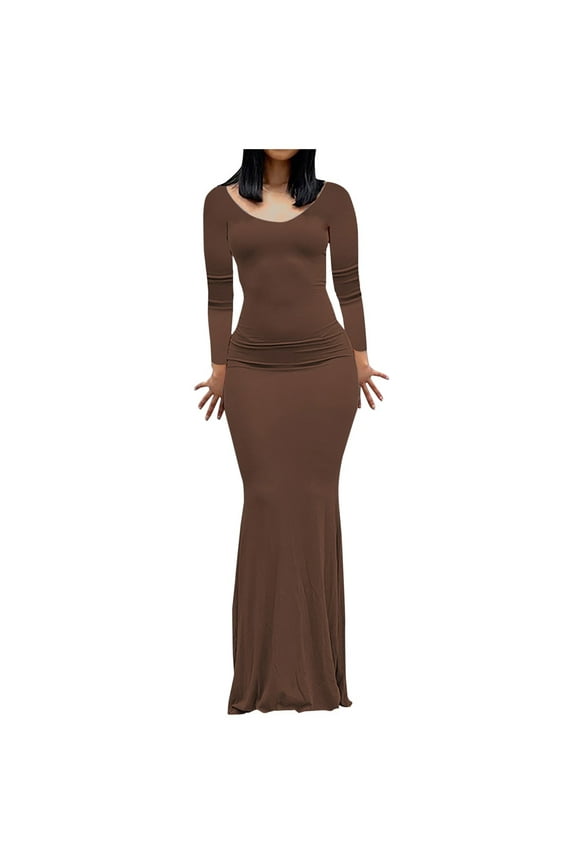 Fall Dresses for Women Long Sleeve Fashion Women Sexy Casual Buttocks Round-Neck Solid Slimming Long Leeve Dress