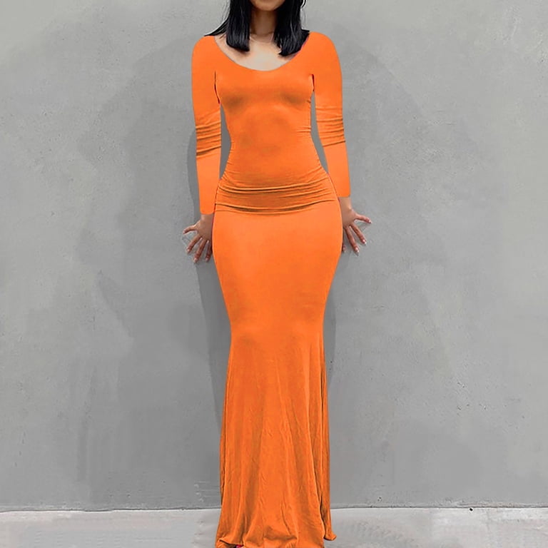 Lyxssbyx Fall Dresses for Women Long Sleeve Fashion Women Sexy Casual Buttocks Round-Neck Solid Slimming Long Leeve Dress