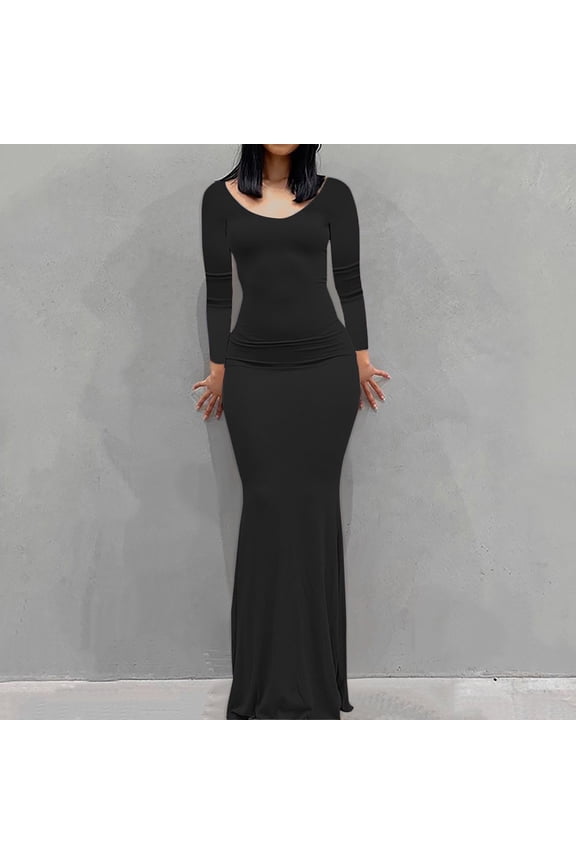 Fall Dresses for Women Long Sleeve Fashion Women Sexy Casual Buttocks Round-Neck Solid Slimming Long Leeve Dress