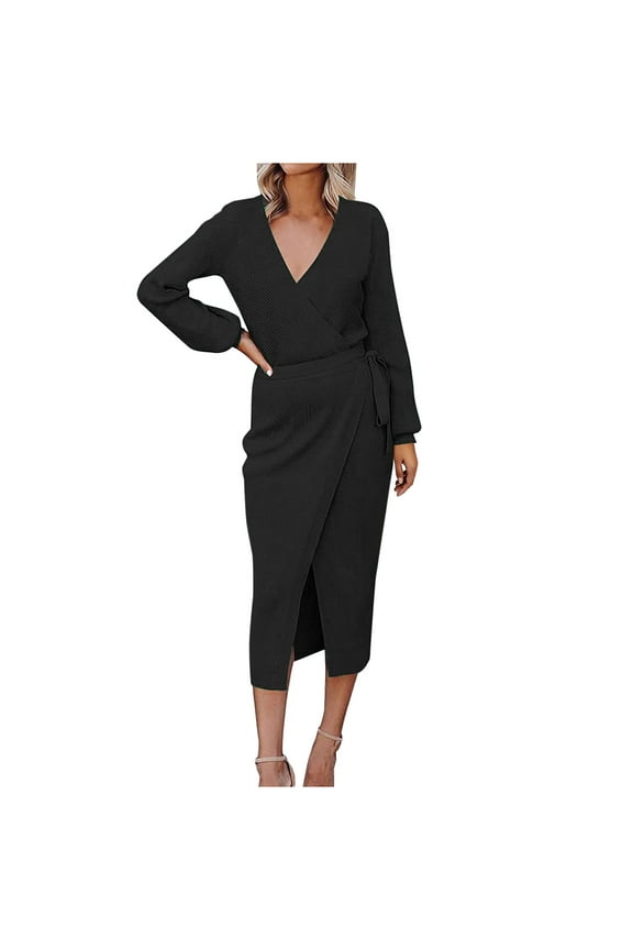 Fall Dresses for Women Long Sleeve Fashion Women Sexy Casual Buttocks V-Neck Solid Bandage Long Leeve Dress