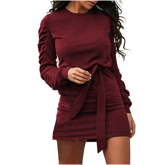 LYXSSBYX Fall Dresses for Women Long Sleeve Hot Sale Clearance Fashion Women Autumn Solid Belt Long Sleeve Translucent O-Neck Mini Derss