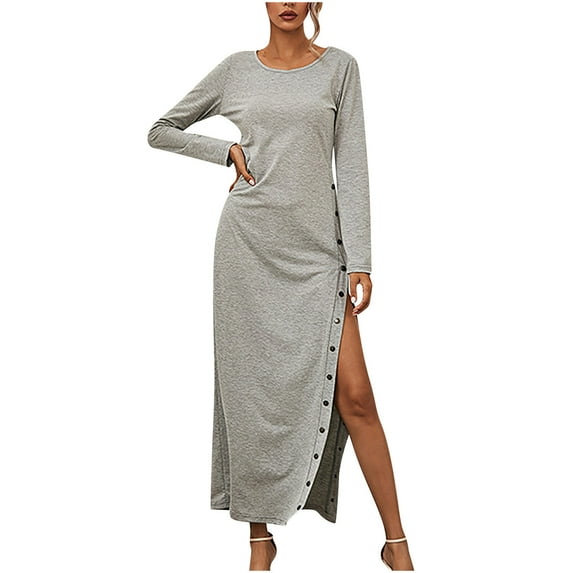 LYXSSBYX Fall Dresses for Women Long Sleeve Hot Sale Clearance Women Fashion Solid Color Long Sleeve Split Buttons Casual Long Dress