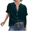 thumbnail image 1 of LYXSSBYX Fall Fashion 2023 Womens Short Sleeve Shirts Button down Women's Temperament Texture Gold Velvet Solid Short Sleeve Round Neck Shirt, 1 of 6