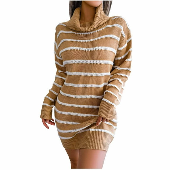 LYXSSBYX Fall Sweaters for Women Women's Winter Casual Striped Turtleneck Long Sleeve Turtleneck Dress