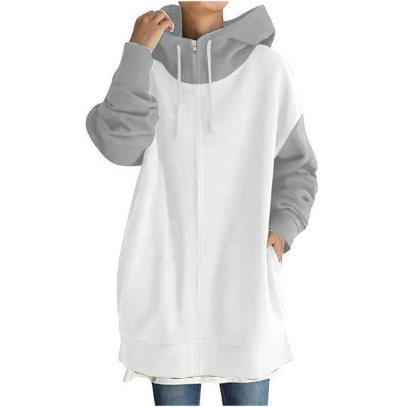 LYXSSBYX Fall Sweatshirts for Women Clearance Women's Patchwork Color Hoodie Zipper Long Sleeve Sweatshirts Long Coat Tops with Pockets