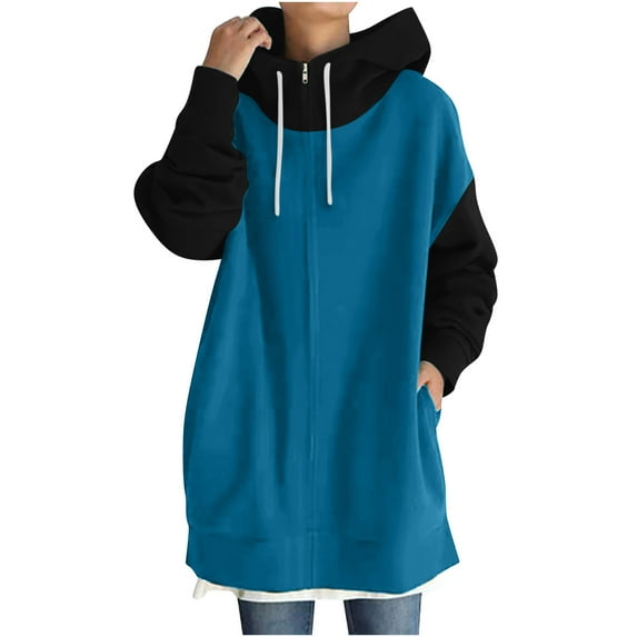 LYXSSBYX Fall Sweatshirts for Women Women's Patchwork Color Hoodie Zipper Long Sleeve Sweatshirts Long Coat Tops with Pockets