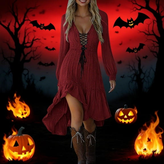 LYXSSBYX Halloween Costumes for Women Hollowed Out Dresses Long Sleeve Fashion Holiday Summer Solid Color Party Midi Beach Dress