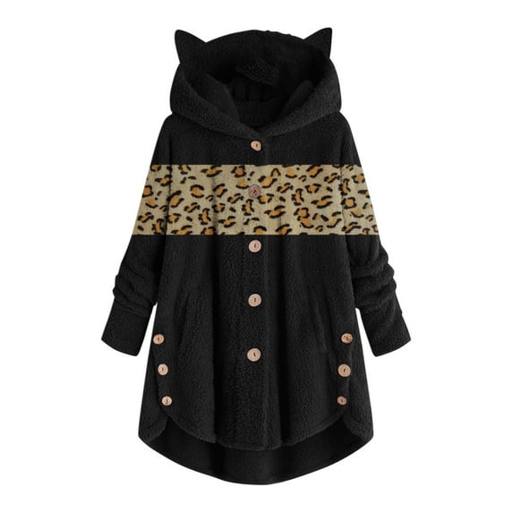 LYXSSBYX Jackets for Women Plus Size Clearance Women Button Plush Tops Hooded Loose Cardigan Leopard Patchwork Coat Jacket