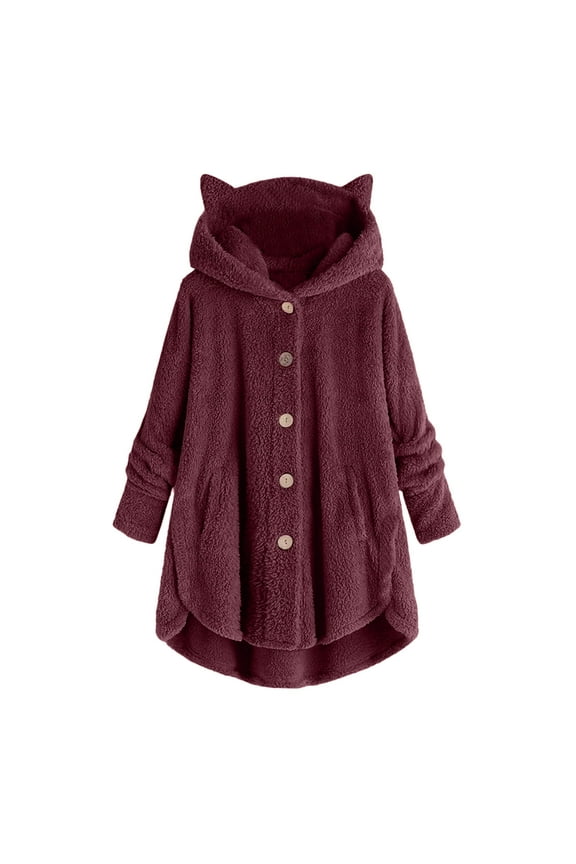 Jackets for Women Plus Size Clearance Women Button Plush Tops Hooded Loose Cardigan Solid Color Coat Jacket