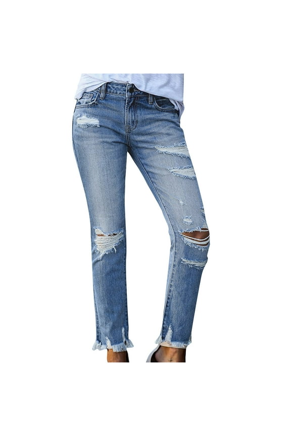 Jeans for Women Clearance Fashion Women Pockets Button Mid Waist Skinny Ripped Jeans Trousers Hole Denim Pants