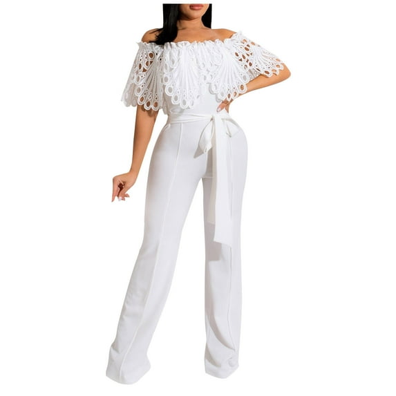LYXSSBYX Jumpsuits for Women Dressy Women's Spring and Summer Solid Color Off Shoulder Hollow Lace Ruffle Waist Tie Up Jumpsuit